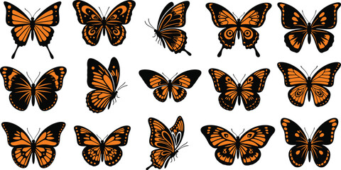 Graphic collection of butterfly illustrations presents multiple variations in orange and black, perfect for nature themed projects and designs focused on metamorphosis.