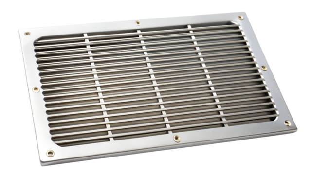 A stainless steel ventilation grate with a grid pattern, isolated on transparent background