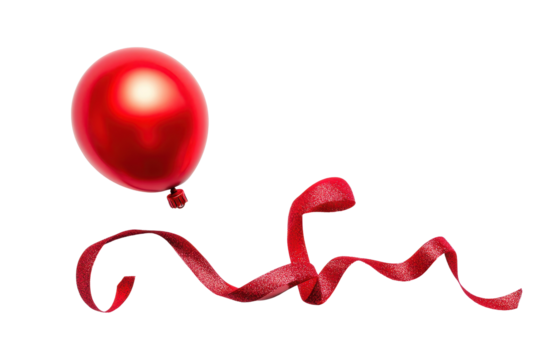Bright red balloon floating against a pure white background with a curled ribbon