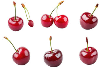 Juicy and vibrant cherry collection showcasing various fresh cherries with water droplets in clear background