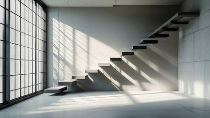 Obraz premium a floating staircase ascending diagonally along a modern concrete wall 