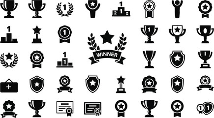 Collection of achievement badges, first place trophies and winner icons for sports or business contests displays successful competition results and victorious achievements.