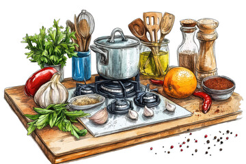 Kitchen stove with spices, vegetables, and cooking tools arranged neatly on a wooden countertop in a cozy home kitchen