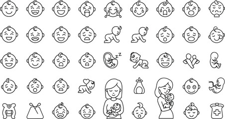 Outlined baby icon set shows various expressions and stages of a child's development, ideal for themes of motherhood, childhood, and infant care across parenting websites.