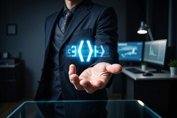 A man presents a digital code symbol, representing software development and technology
