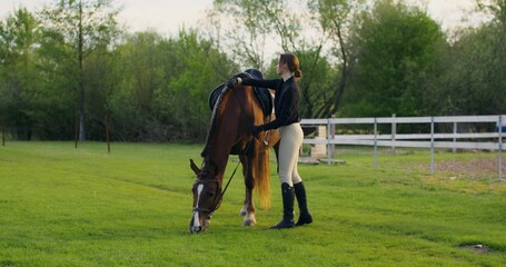 A woman gets into the saddle starting a horse ride on a summer day