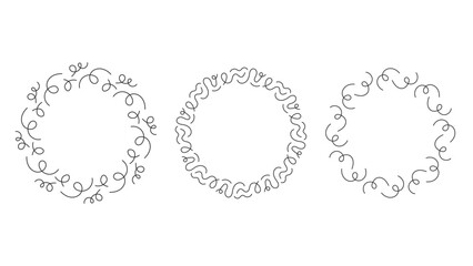 Curly Line Frames Set. Decorative Vintage Fancy Circular borders for greeting card menu invitation design. Squiggle Loop Swirl. Vector illustration