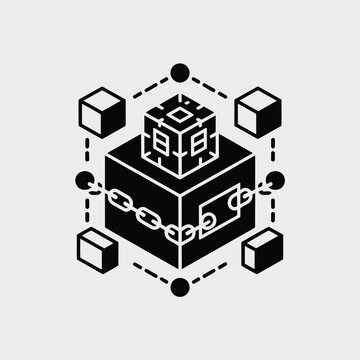 Black and white isometric vector illustration of a large cube secured by a chain surrounded by smaller cubes connected by dashed lines and circles representing a secure data network or