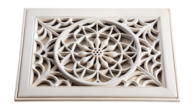 An ornate white metal vent cover with a geometric floral pattern, isolated on transparent background