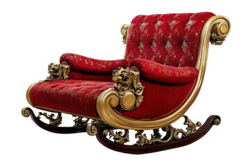 Elegant red sleigh chair with golden accents placed against a clean white background showcasing exquisite craftsmanship and luxurious decor style