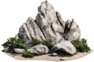 Pointed rocks rise dramatically on a mountain isolated in tran x, surrounded by shrubs and sandy terrain under a clear sky during daylight hours