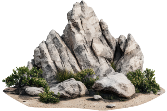 Pointed rocks rise dramatically on a mountain isolated in tran x, surrounded by shrubs and sandy terrain under a clear sky during daylight hours
