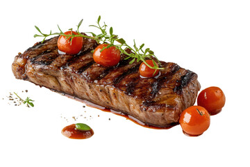 Realistic Fiorentina steak served on a white plate with grilled tomatoes and an herb garnish on a sunny afternoon