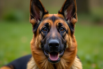 German Shepherd Dog with Alert Ears and Open Mouth on Green Grass

