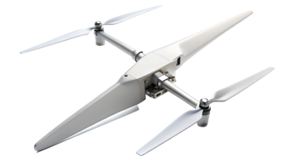 A futuristic white drone with four propellers is isolated on transparent background