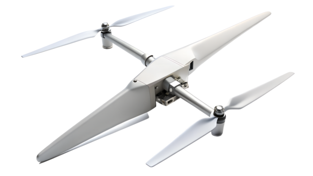 A futuristic white drone with four propellers is isolated on transparent background