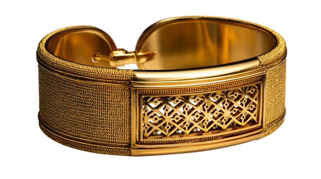 Exquisite ornate gold cuff bracelet with intricate geometric pattern and textured band isolated on transparent background