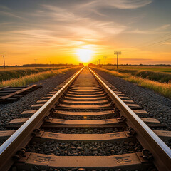 railway track in the morning. Railroad tracks vanishing into sunset light.