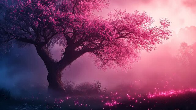 Serene pink tree in a misty landscape at dusk, with glowing flowers and soft atmospheric light