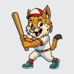 Cute Linx baseball player smiling confidently while holding a bat in cartoon illustration