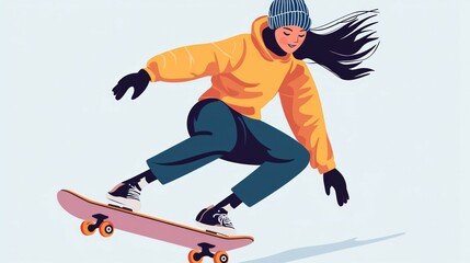 Isolated Character of a Cool Girl Skating on a Light Background