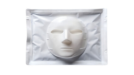A white cosmetic face mask in a sealed package is isolated on transparent background