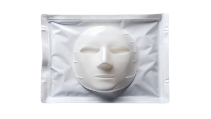 A white cosmetic face mask in a sealed package is isolated on transparent background