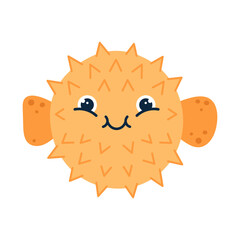 Kawaii cute hedgehog fish with big eyes and smiling face isolated on white background. Flat hand drawn vector illustration