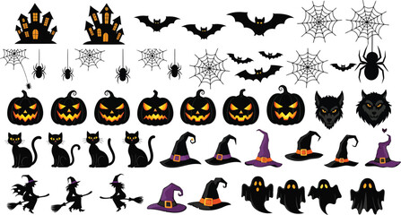 Fototapeta premium Collection of halloween icons featuring pumpkins bats spiders cats ghosts witches and haunted houses