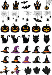 Fototapeta premium Collection of halloween icons featuring haunted houses bats spiders pumpkins black cats witches hats witches and ghosts