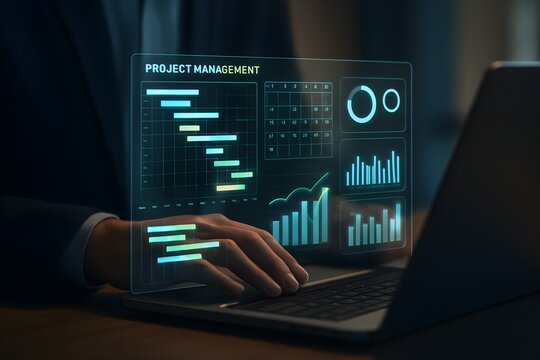 A person s hand interacting with a futuristic holographic interface displaying project management gantt charts and financial data analytics