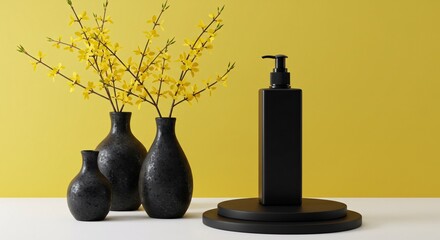 Minimalist presentation of black bottle with pump and vases of yellow flowers on table