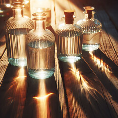 Sunlight Refracting Through Glass Bottles on Wooden Surface (1)
