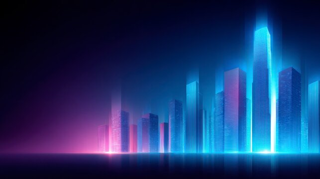 Futuristic cityscape at night with glowing neon skyscrapers urban skyline