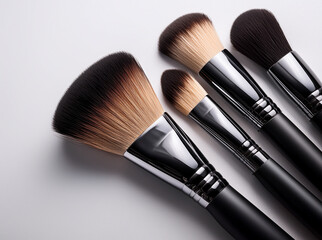 Collection of black-handled makeup brushes arranged on a white background. Various brush types displayed for foundation, blush, powder, and eyeshadow in clean, minimal studio setup.