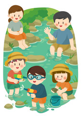 川遊びを楽しむ家族のイラスト 、Family Enjoying River Play Illustration