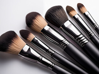 Collection of black-handled makeup brushes arranged on a white background. Various brush types displayed for foundation, blush, powder, and eyeshadow in clean, minimal studio setup.