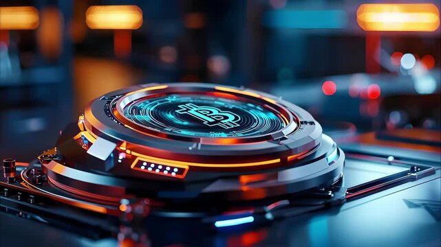 A futuristic representation of Bitcoin, featuring a glowing logo and advanced technology elements in a digital environment. - Powered by Adobe