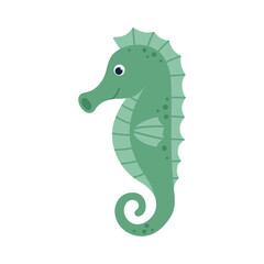 Kawaii cute green seahorse on white background. Flat hand drawn vector illustration