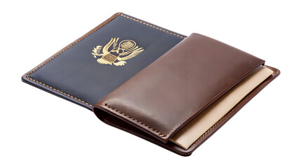 A brown leather passport holder with a gold eagle emblem, isolated on transparent background