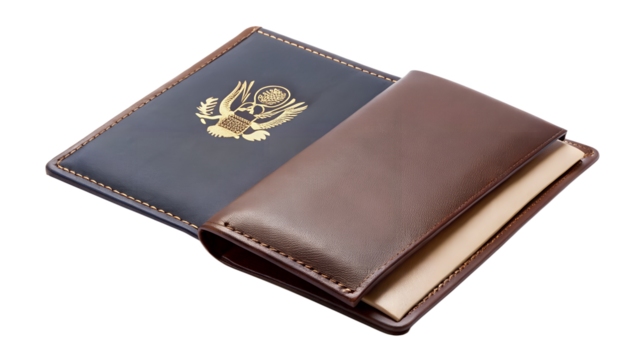 A brown leather passport holder with a gold eagle emblem, isolated on transparent background