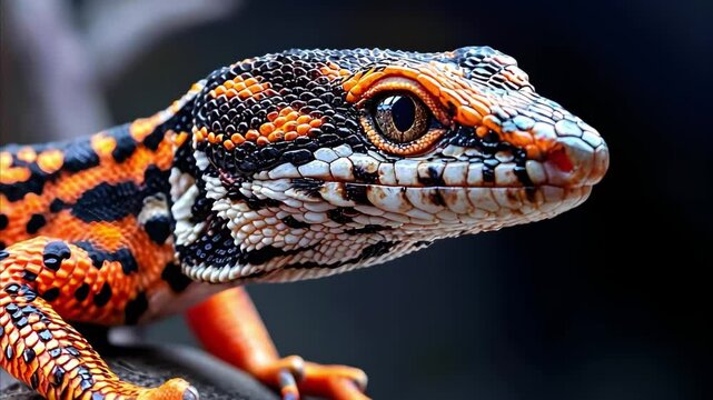 A close-up of a colorful lizard with a predominantly orange and black patterned skin.