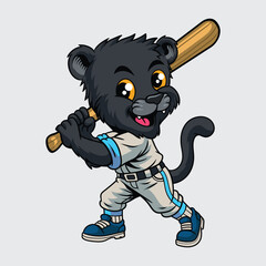 Cute cartoon black panther in baseball outfit holding a bat in character illustration © Adam Vector Station