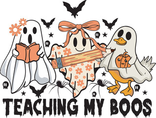 Retro Teaching My Boos Back To School Teacher Halloween T-Shirt Design