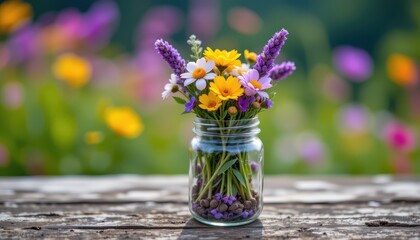 Colorful Wildflower Bouquet in Glass Jar on Wooden Table Amidst Beautiful Garden Background
