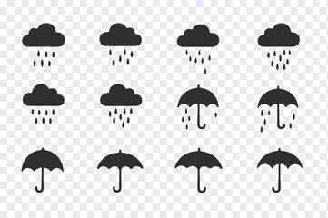 Collection of simple black silhouette icons representing rain and umbrellas against a transparent background