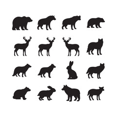 Fototapeta premium Sixteen Black Silhouettes of Wild Animals on White Background Grizzly Bear Black Bear Hyena Deer Wolf Rabbit