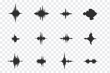 Naklejka premium Collection of diverse black sound waveforms and audio visualizations on a transparent grid background