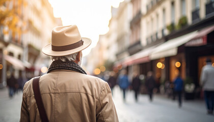 Fototapeta premium Over shoulder view of a senior traveling alone against a blurry city street backdrop.