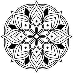 symmetrical mandala design with floral and geometric elements in black and white line art style art. © MDRobin
